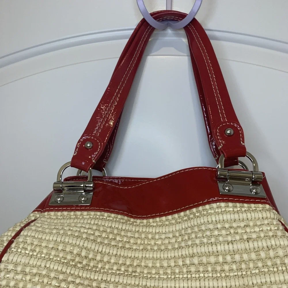 Rafe New York Handbag Rattan Straw With Red Pantent Trim Dust Bag